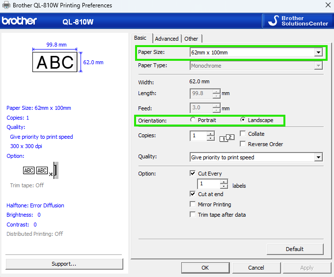 Brother QL-810W Printing Preferences showing Paper Size set to 62mm x 100mm and Orientation set to Landscape
