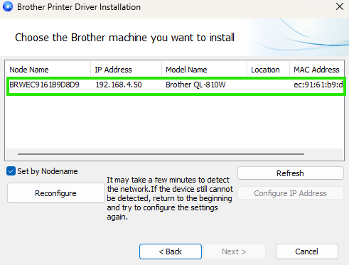 Choose the Brother machine you want to install showing Brother QL-810W