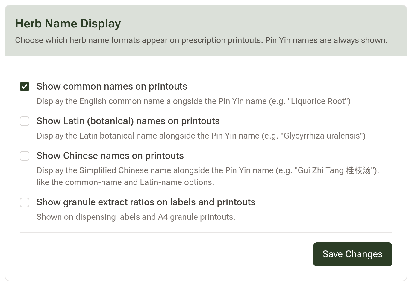 The Herb Name Display card, noting that Pin Yin names are always shown, with tick-boxes for common names, Latin botanical names, Chinese names and granule extract ratios