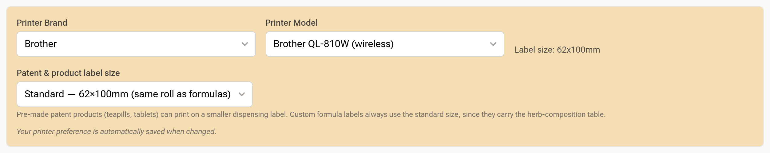 The Printer Settings panel opened, showing Printer Brand set to Brother, Printer Model set to Brother QL-810W (wireless), the label size 62x100mm beside it, and the patent and product label size below