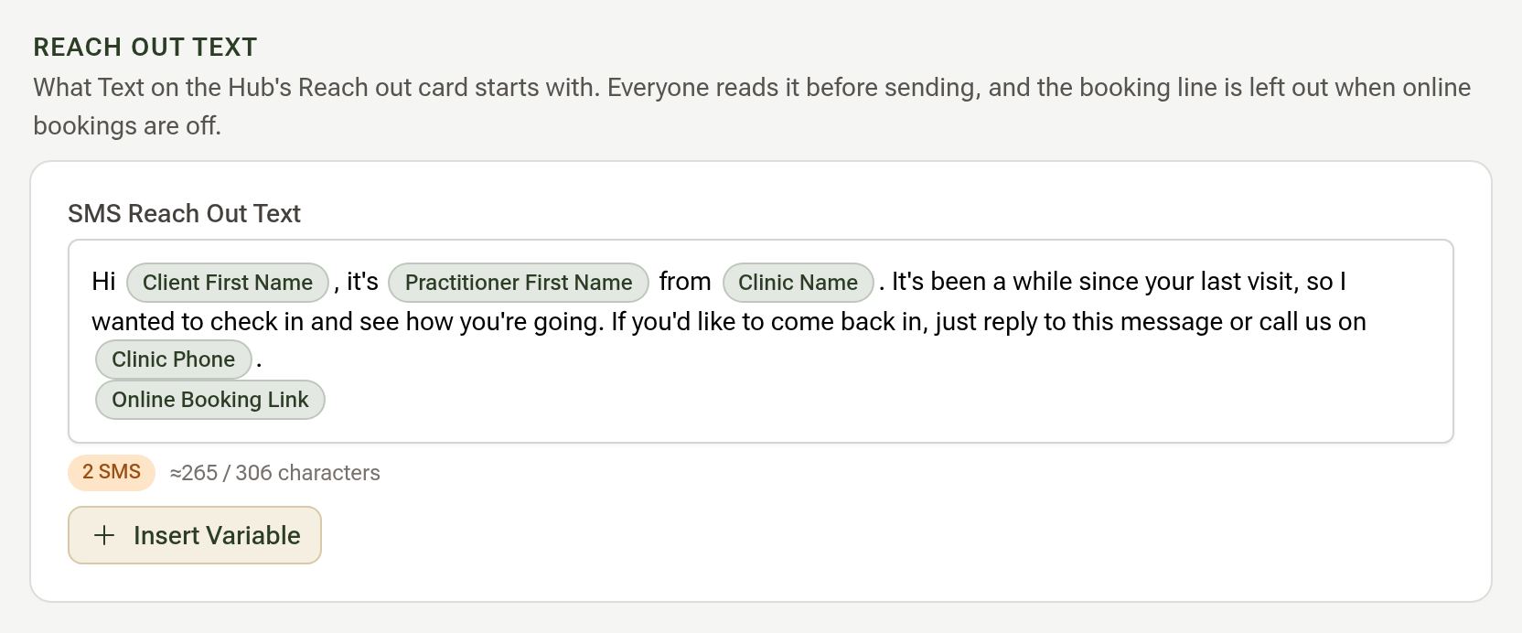 The Reach Out Text box in Client Communications, holding the built-in message with its placeholders