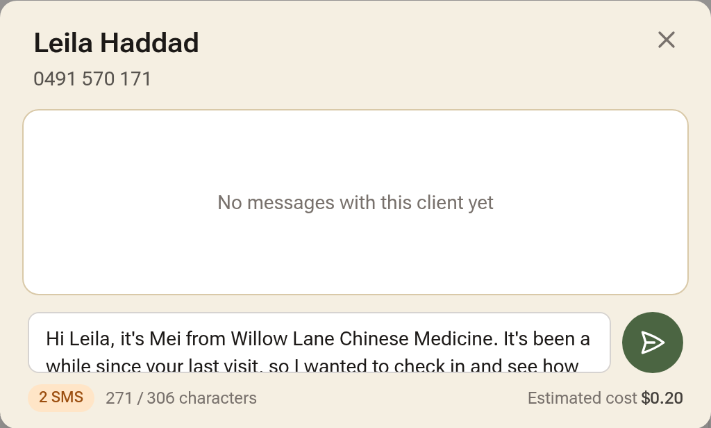 The SMS window opened from the card, with the Reach out text already written in the message box