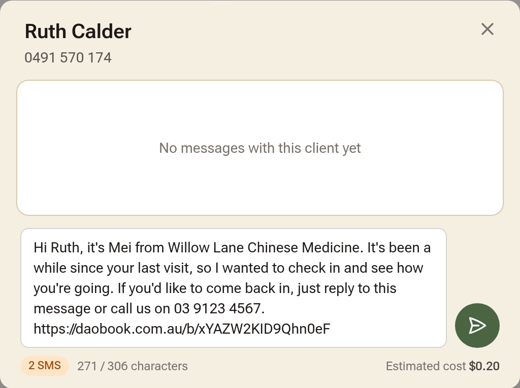 The SMS window opened from a row, with the Reach out text already written in the message box