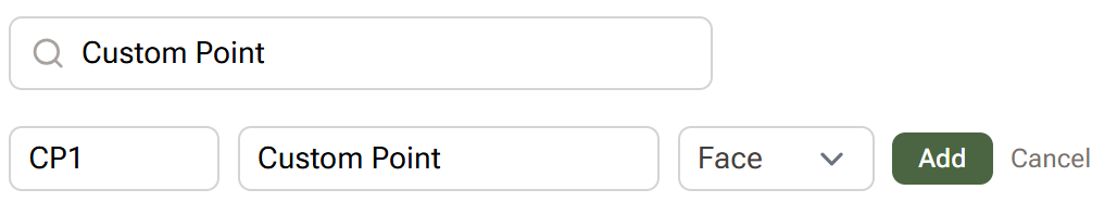 The add-to-my-points form that appears when a search finds no match, with Code, Name and Region fields and an Add button