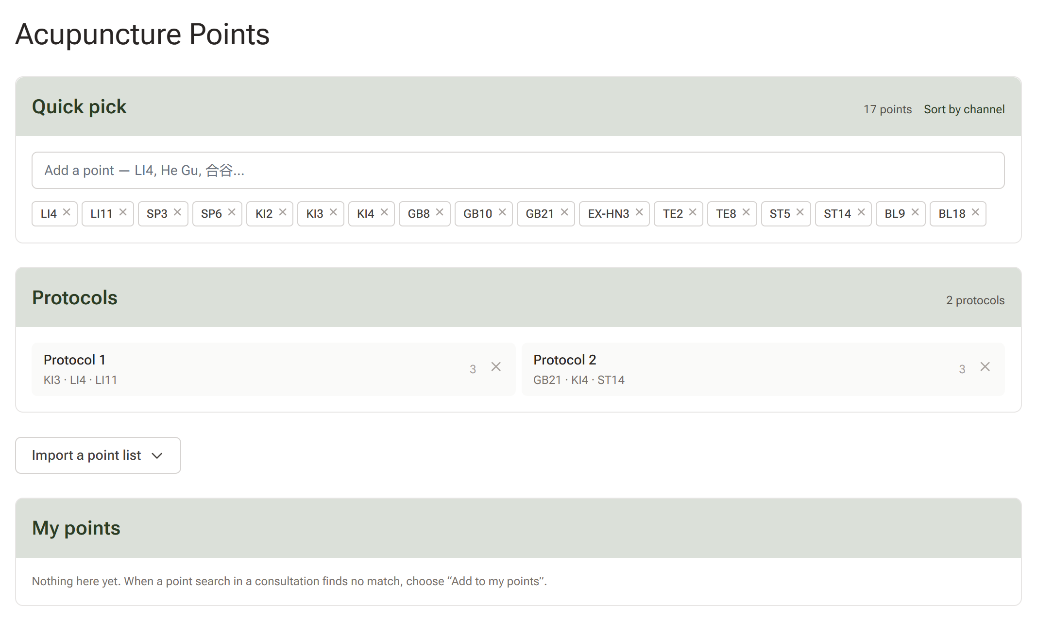 The Acupuncture Points settings page, showing the Quick pick card with pinned chips, the Protocols card, the Import a point list button, and the My points card