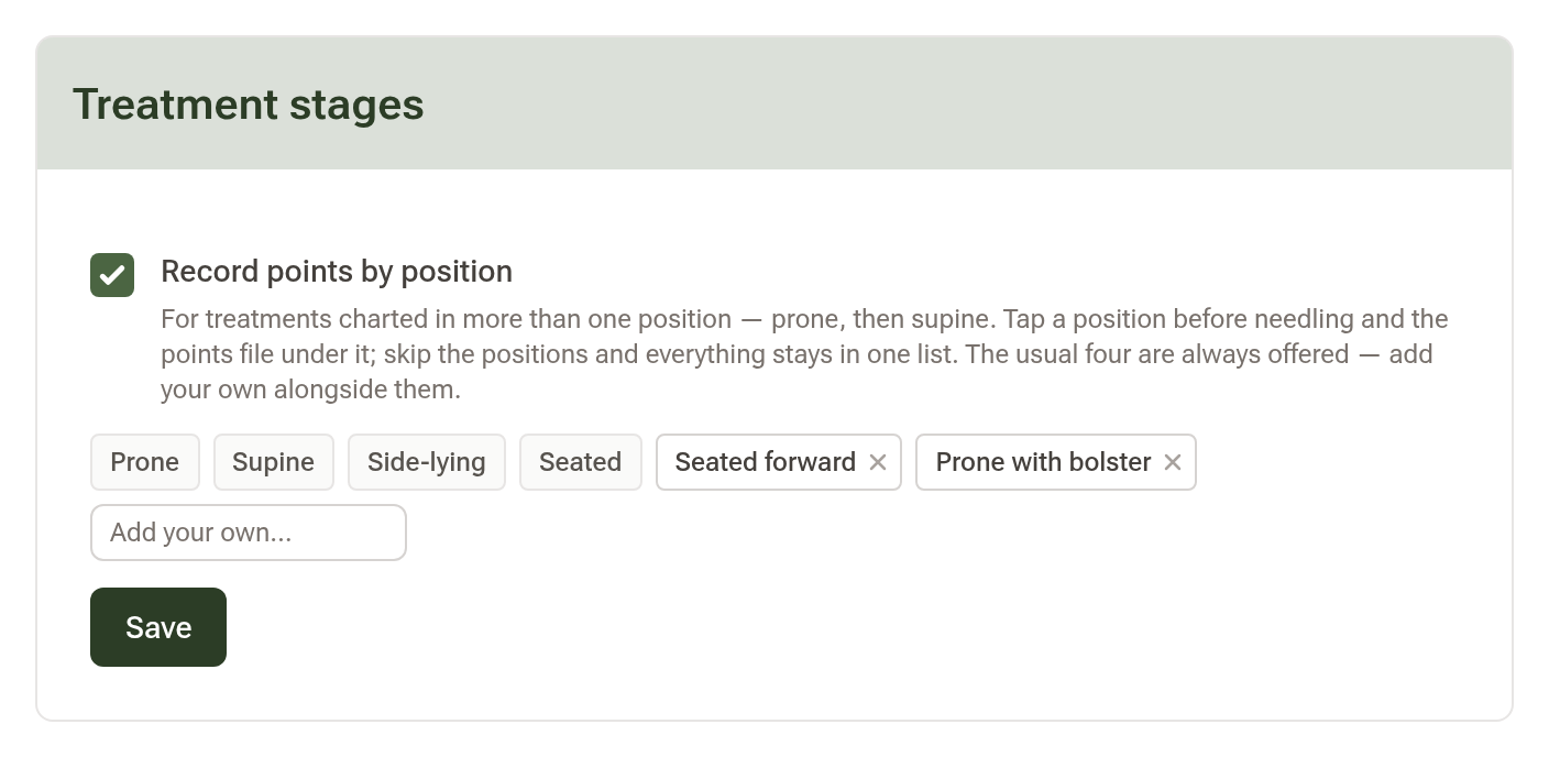 The Treatment stages settings card, with Record points by position ticked, the four built-in positions followed by two the practitioner has added, and a field to add more