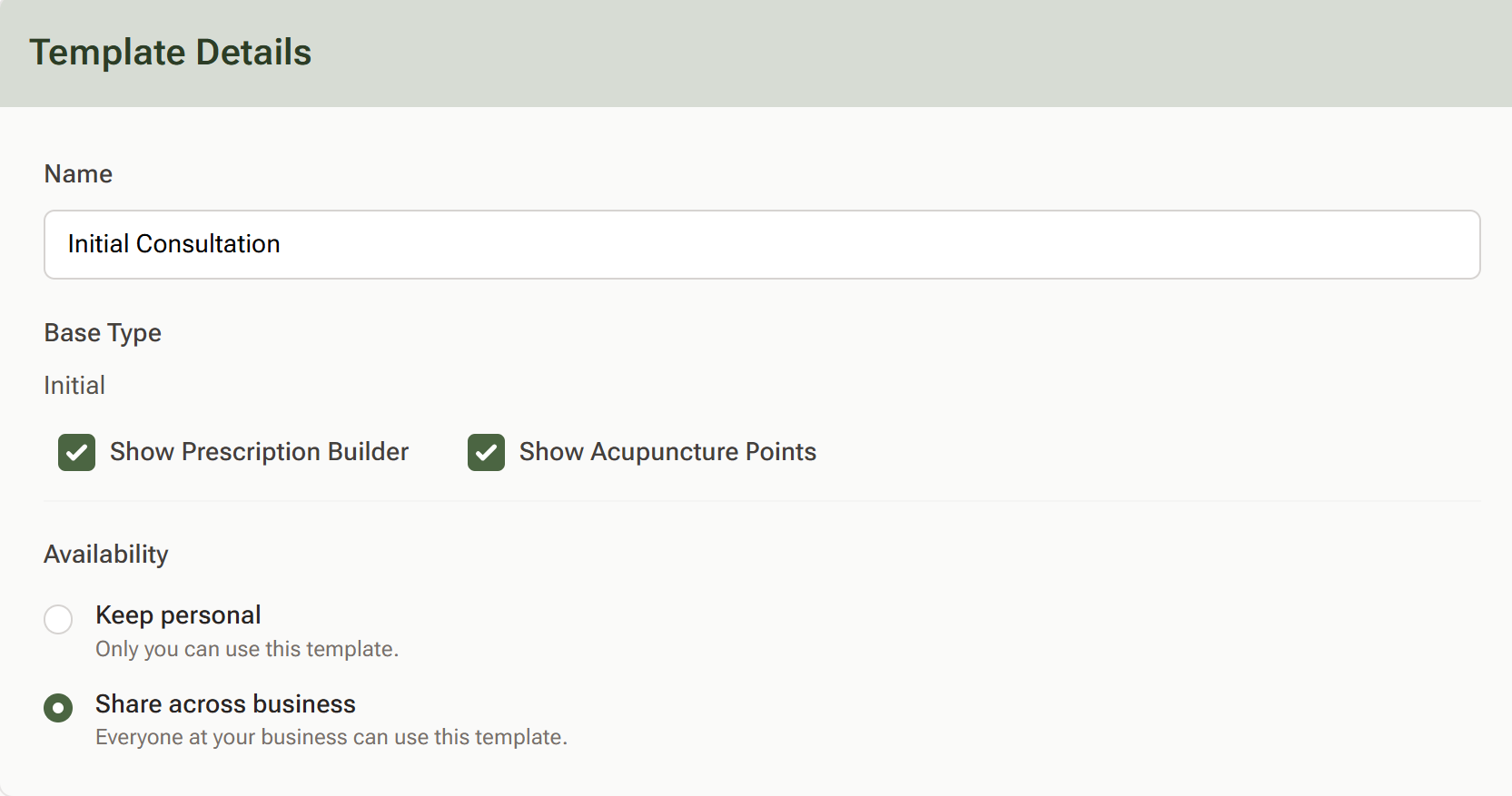 A consultation template being edited, with the Show Acupuncture Points checkbox ticked