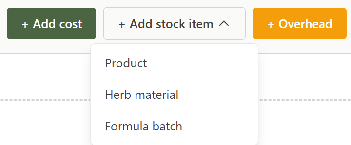 The Add stock item menu open, showing Product, Herb material, and Formula batch options