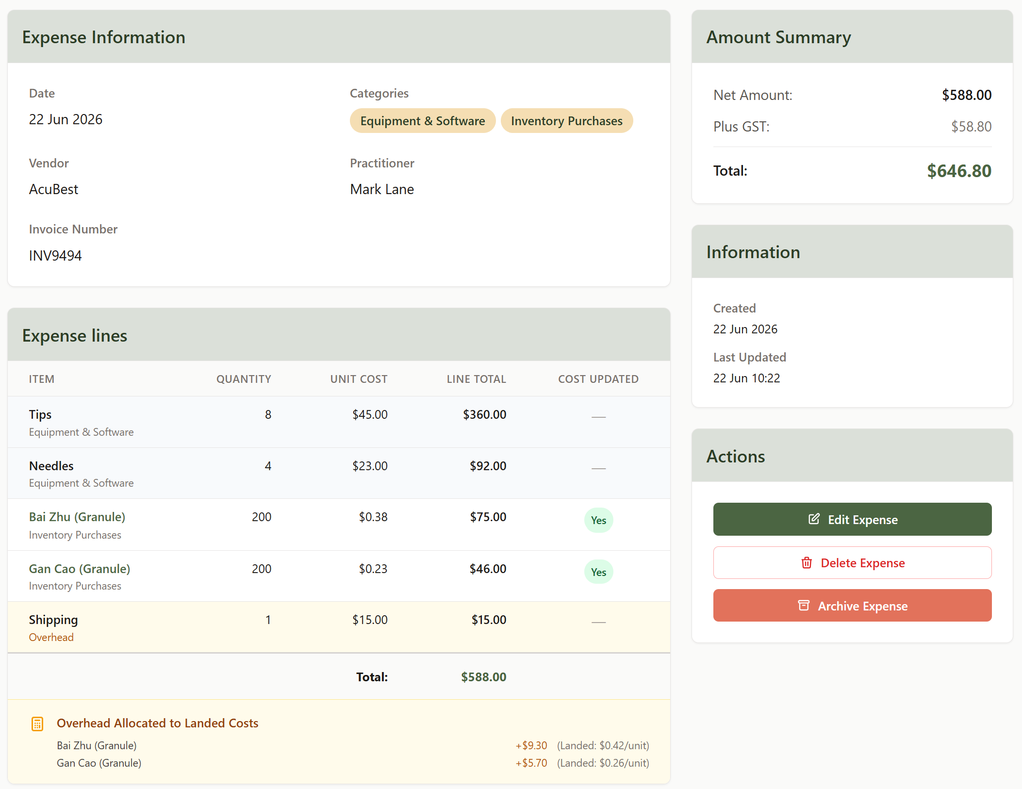 A saved mixed expense showing its line items table with stock and cost lines, multiple category pills, and the amount summary including GST