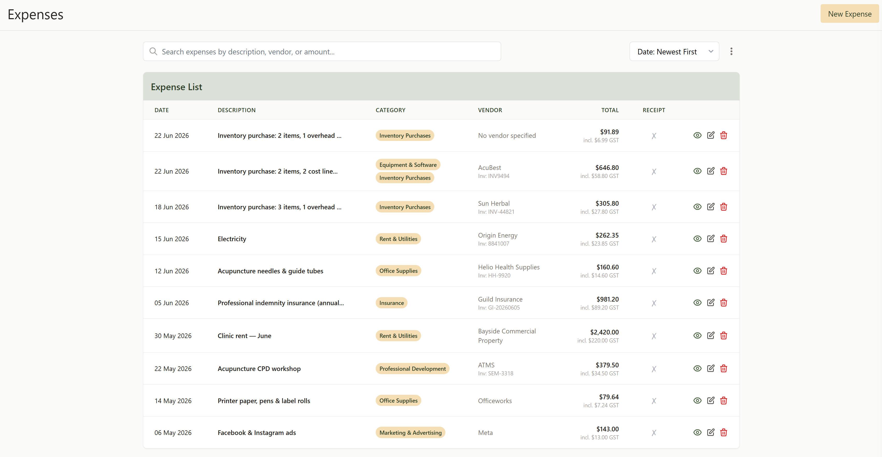 The Expenses list showing recorded supplier bills with date, description, category, vendor, and amount columns, and a New Expense button