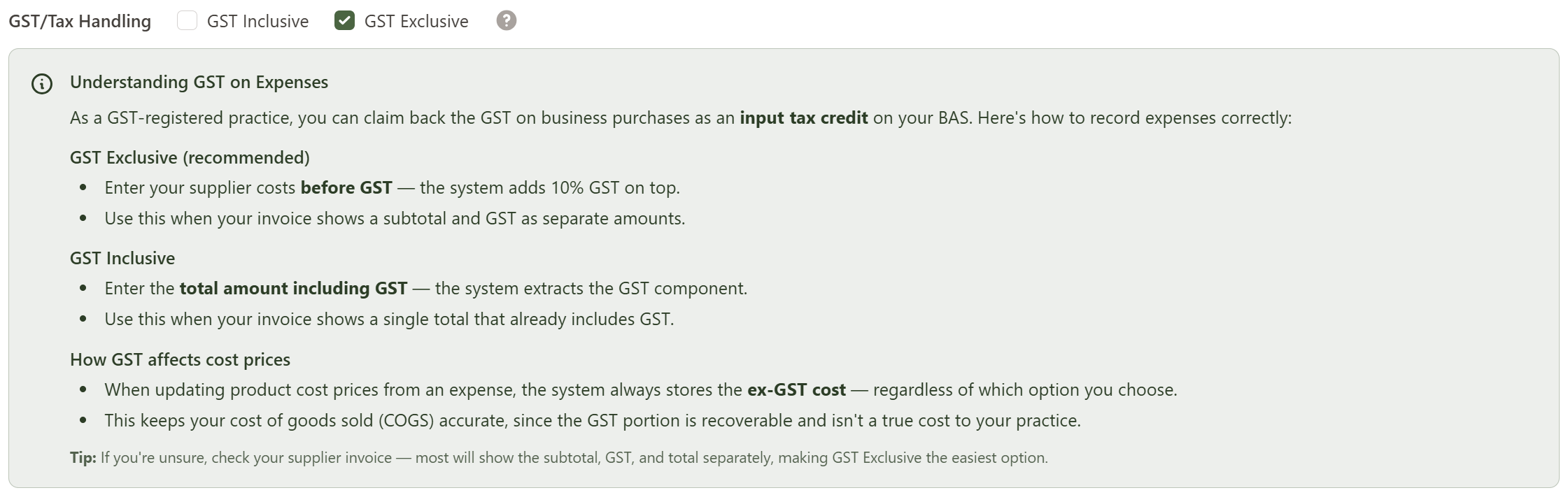 The GST/Tax Handling help box expanded, explaining GST Exclusive versus GST Inclusive and how GST affects cost prices