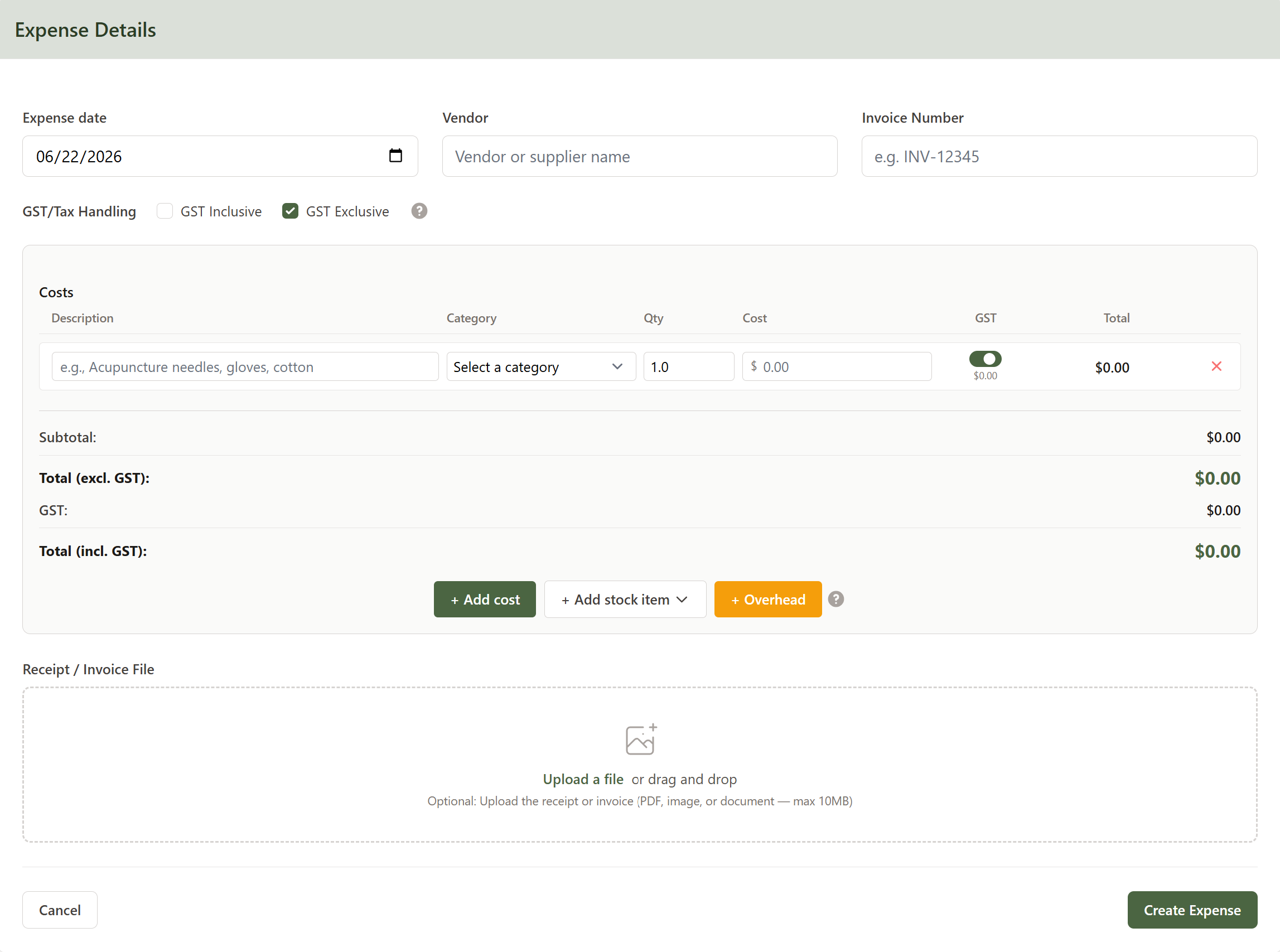 A blank New Expense form showing the Date, Vendor and Invoice Number fields, the GST handling row, an empty Costs section, and the Add cost, Add stock item and Overhead buttons