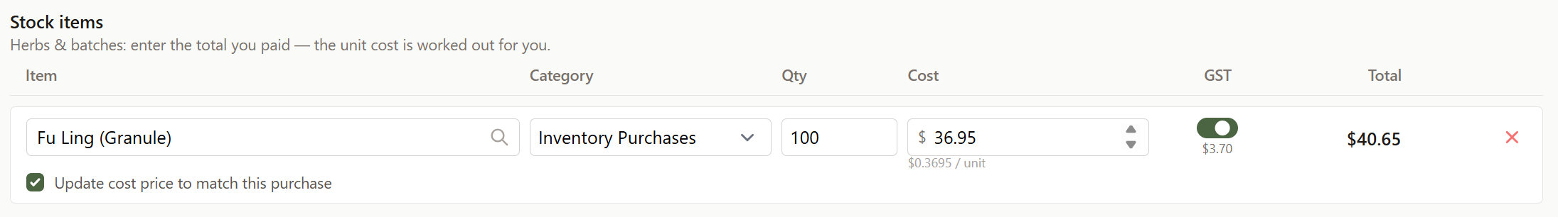 A herb material stock line filled in, showing the Total paid field, the Inventory Purchases category, and the Update cost price checkbox ticked
