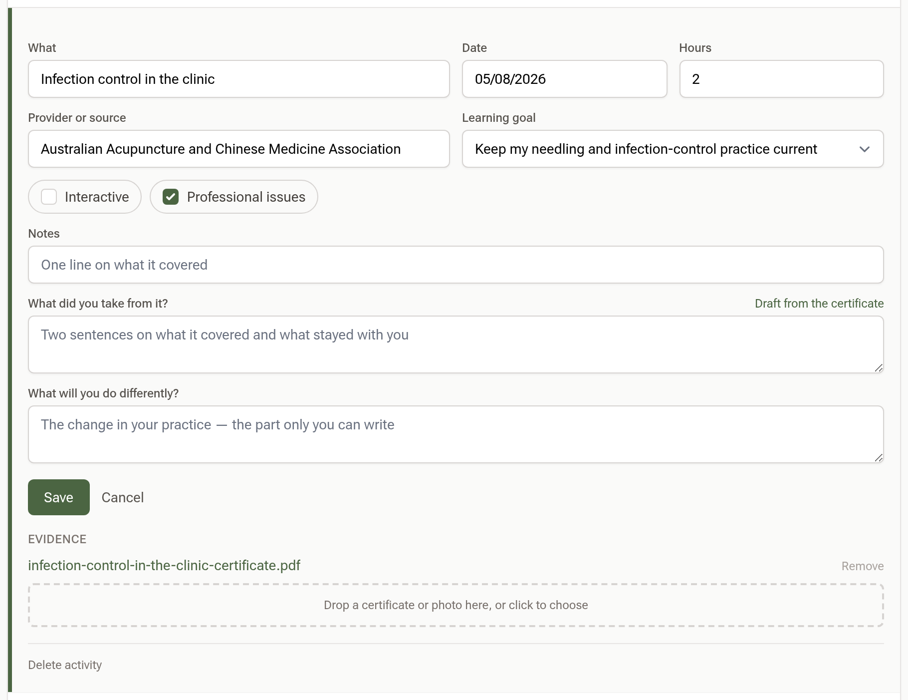 An activity opened in place: provider, learning goal, category tick boxes, notes, the two reflection prompts with the Draft from the certificate link, and the evidence drop zone