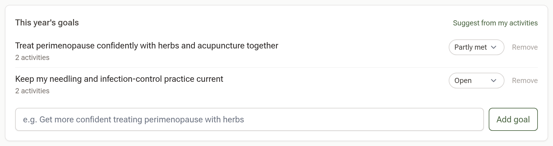 This year's goals: two goals with their status and linked-activity counts, the Add goal line and the Suggest from my activities link