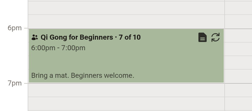 A calendar block reading Qi Gong for Beginners · 7 of 10, with a people glyph, on a Monday evening