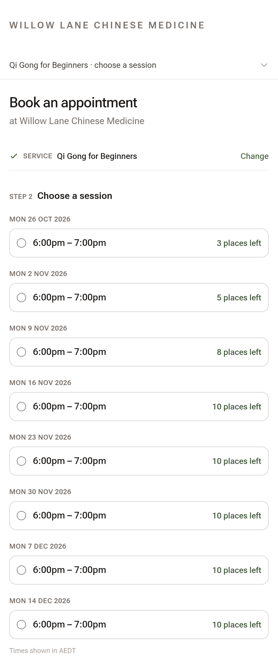 The booking page on a phone: Choose a session, with Monday sessions listed and 3 places left on the first