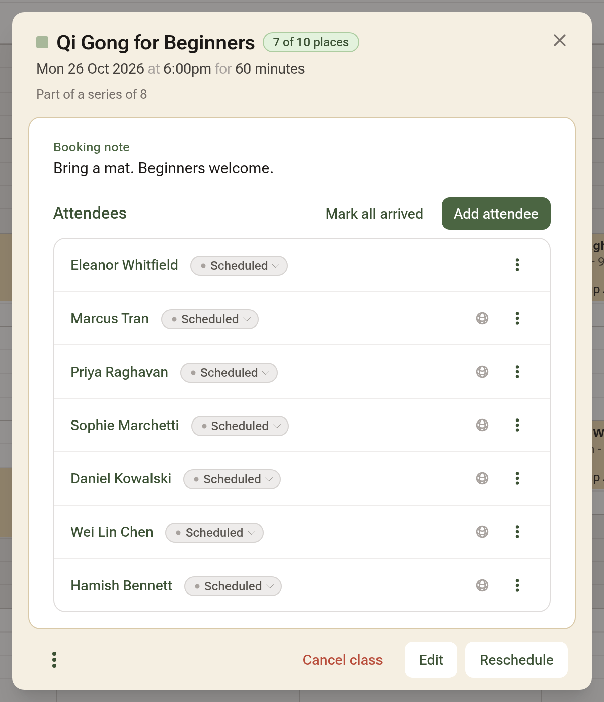 The session window: Qi Gong for Beginners, a 7 of 10 places pill, and the Attendees list with a status pill and a menu on each row