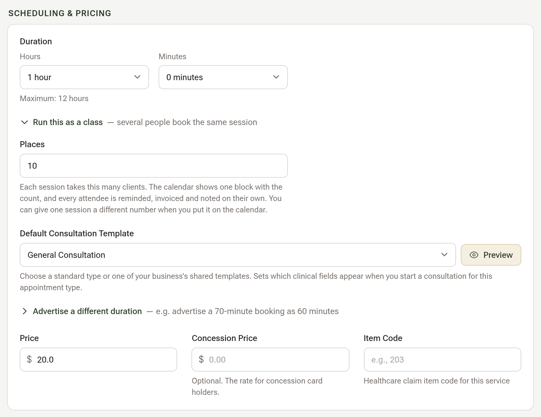 The Scheduling & Pricing part of an appointment type, with Run this as a class open and Places set to 10