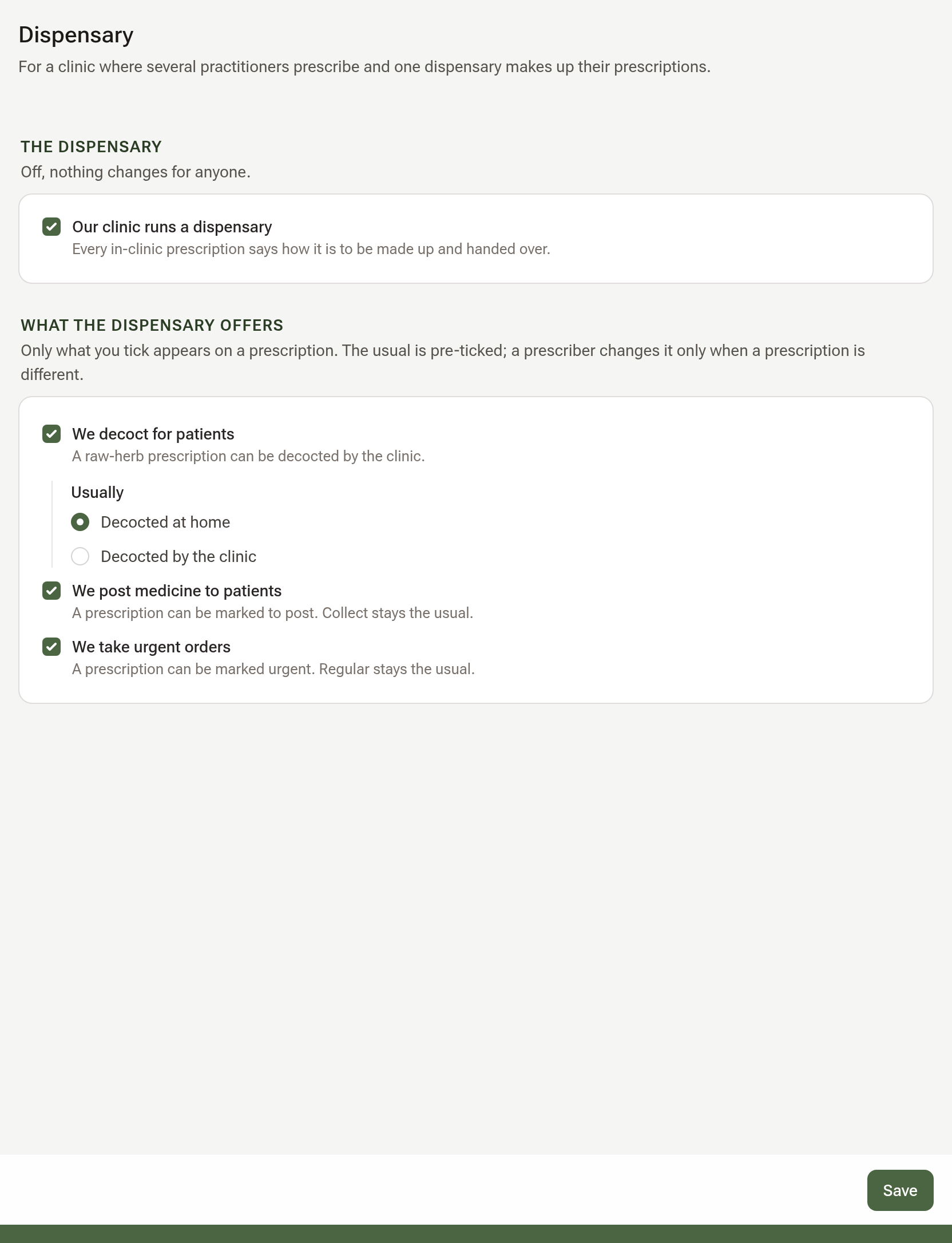 The Dispensary settings section: the switch ticked, and the three ticks for what the dispensary offers with the decoction usual under the first