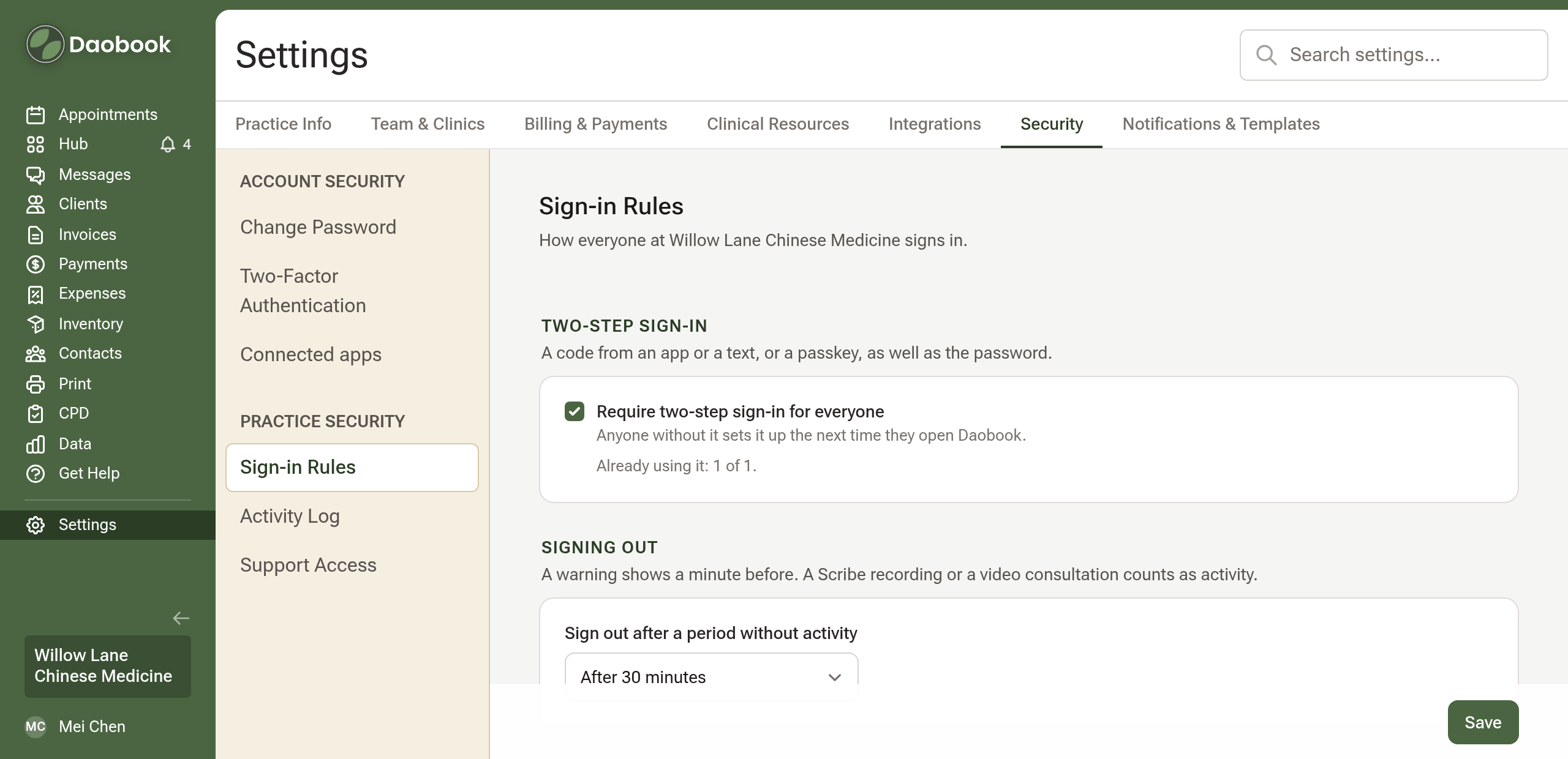 The Sign-in Rules section: the Require two-step sign-in for everyone tick, and the sign-out time under Signing out
