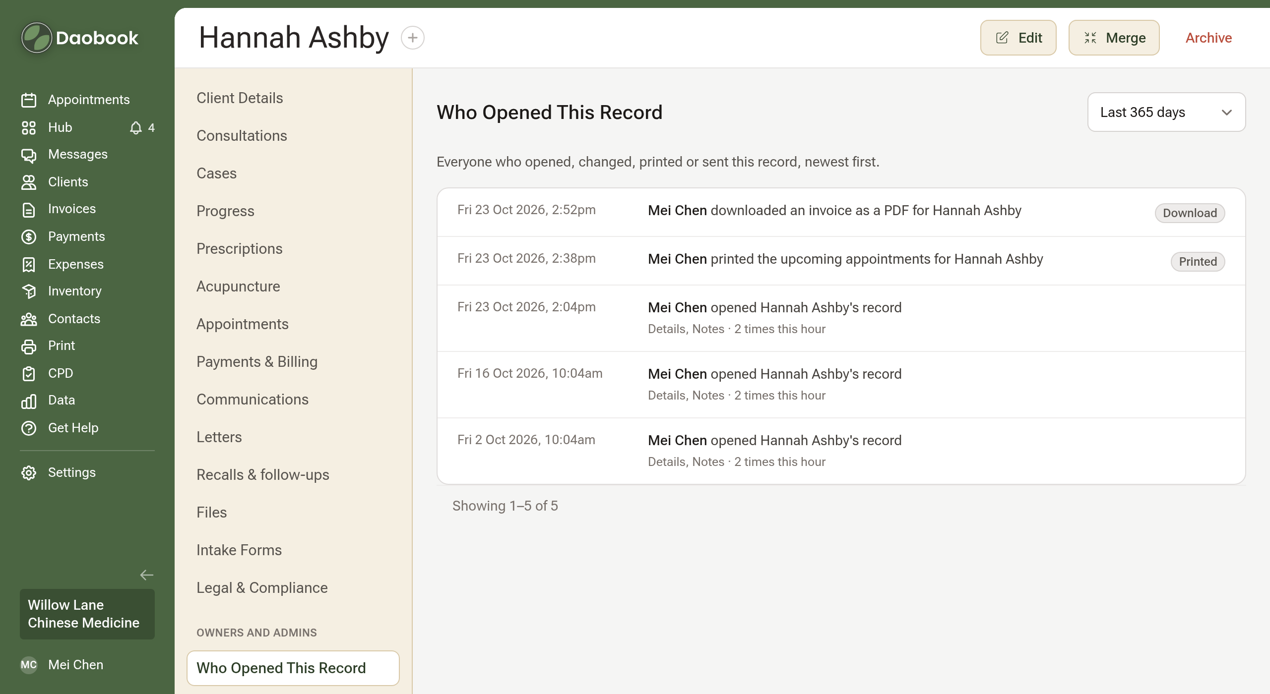 A client's Who Opened This Record page, reached from the foot of the profile's side menu
