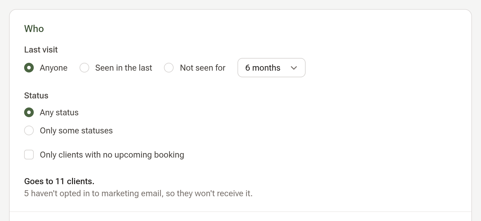The Who part: Last visit radios Anyone, Seen in the last, Not seen for with a months menu; Status; a tick for clients with no upcoming booking; and the lines Goes to 11 clients and 5 haven't opted in to marketing email