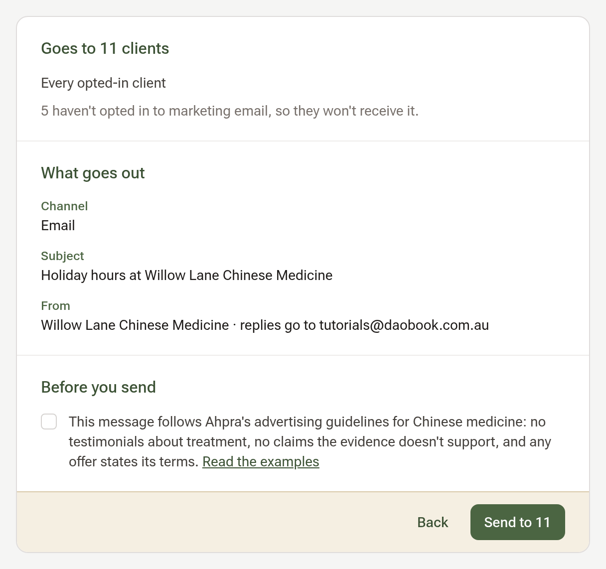 The Send bulk message page: Goes to 11 clients, what goes out, the Ahpra advertising tick, and the Send to 11 button