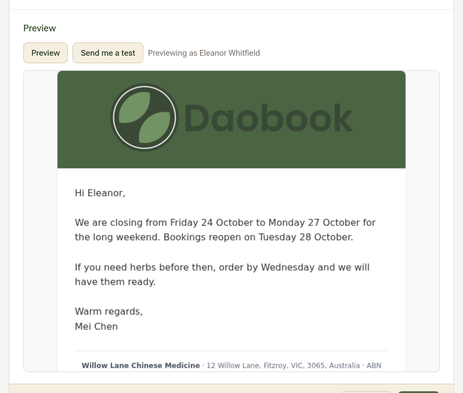The preview of the email: the clinic's header, Hi Eleanor, the message, and the footer with the clinic's name, address and ABN