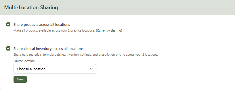 The Multi-Location Sharing section of Inventory Settings showing two toggles: Share products across all locations, and Share clinical inventory across all locations, with a Source location dropdown
