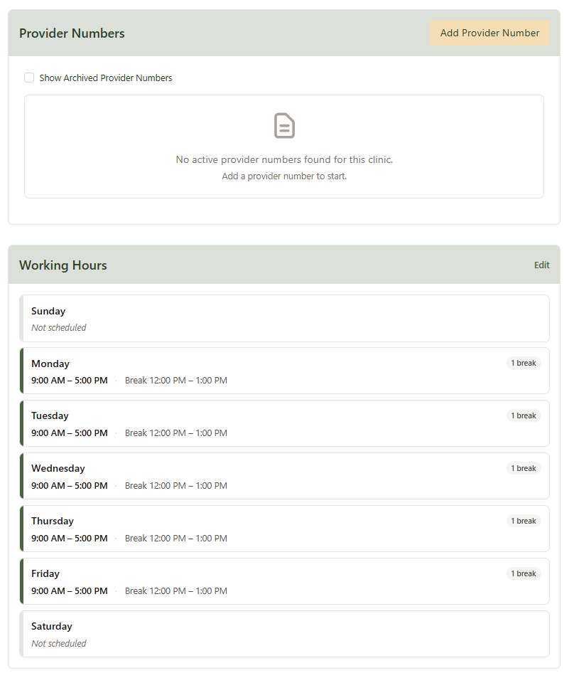 The team member edit page with Working Hours and Provider Numbers sections, scoped to this clinic