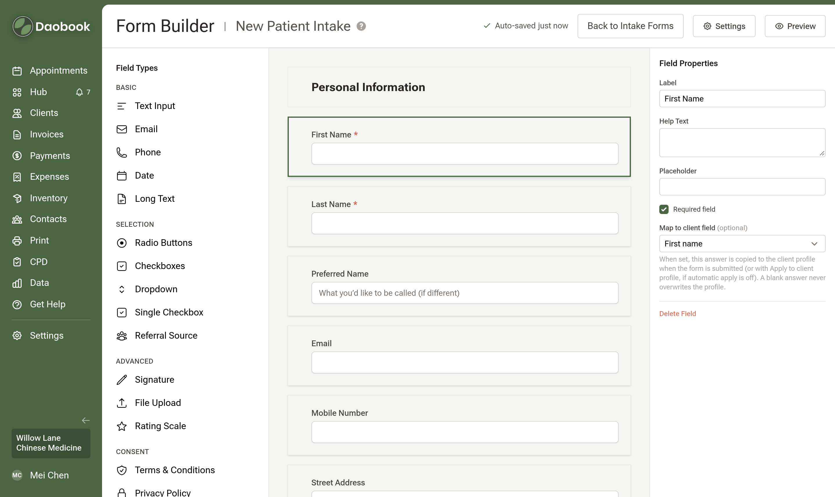 The Form Builder for New Patient Intake: the Field Types panel on the left, the form's Personal Information section in the middle with First Name selected, and its Field Properties on the right