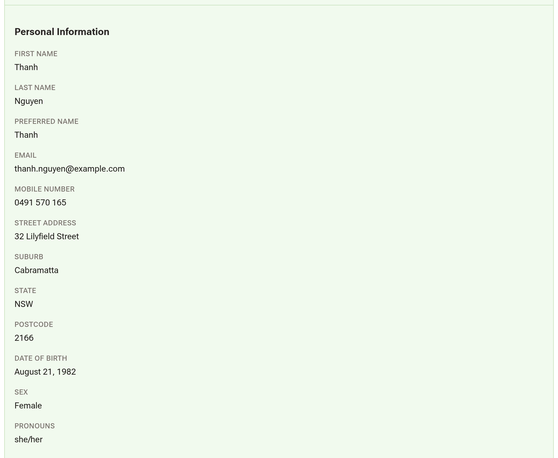 A completed New Patient Intake opened on the client profile, showing the Personal Information answers