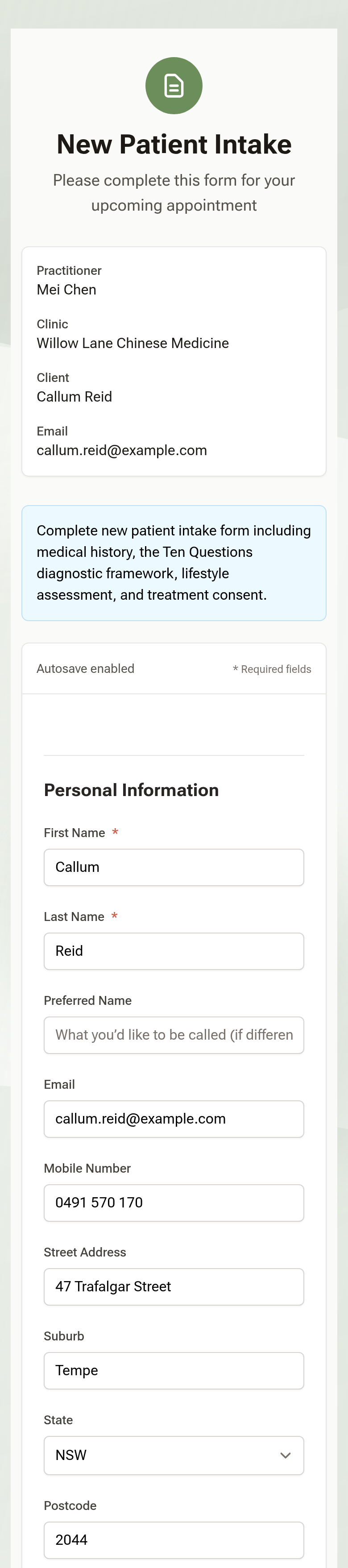 The New Patient Intake open on a phone, with the client's name and contact details already filled in