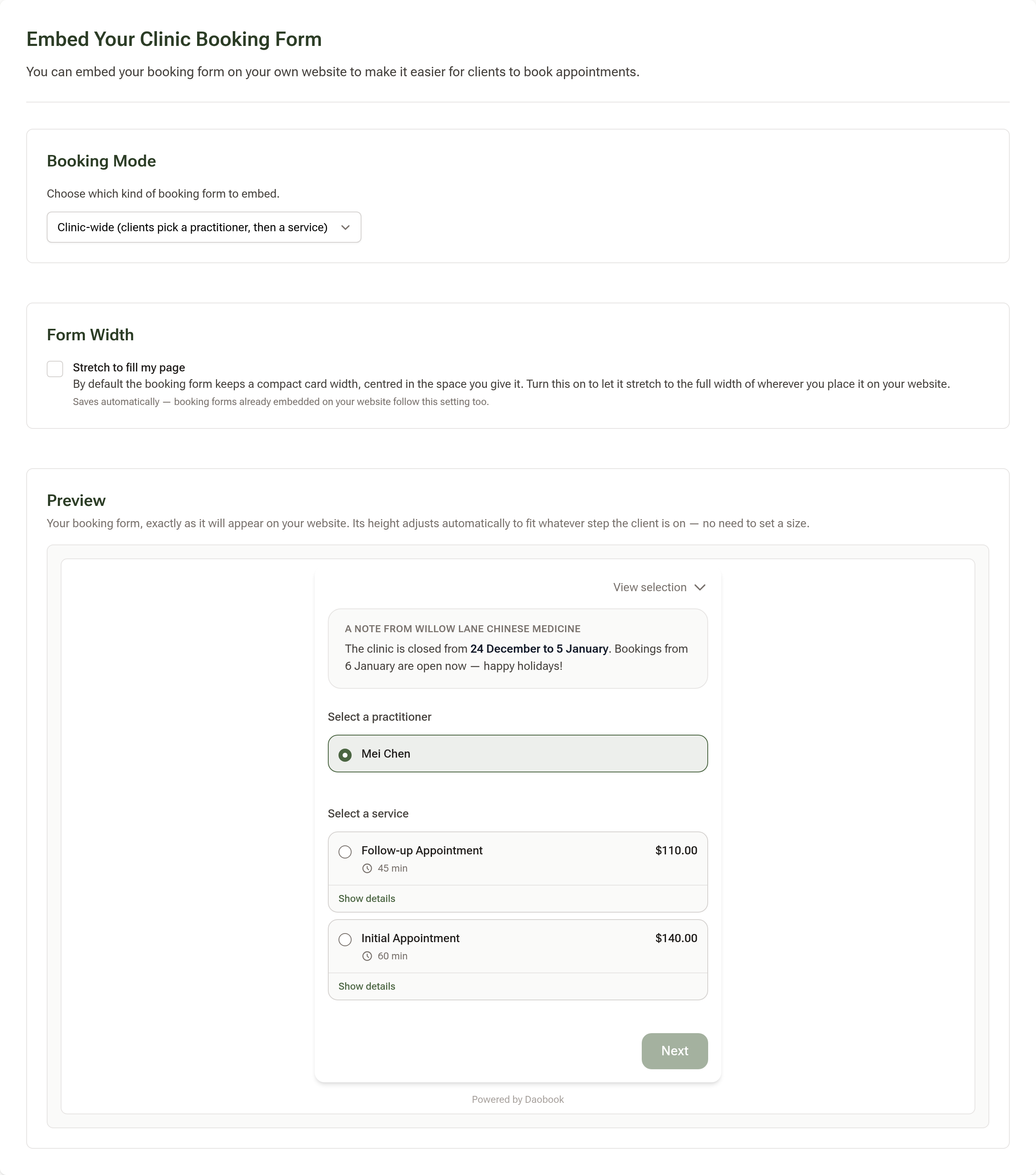 The Embed Your Clinic Booking Form page: Booking Mode set to Clinic-wide, the Stretch to fill my page option unticked, and a live preview of the booking form showing the clinic's notice and its two services