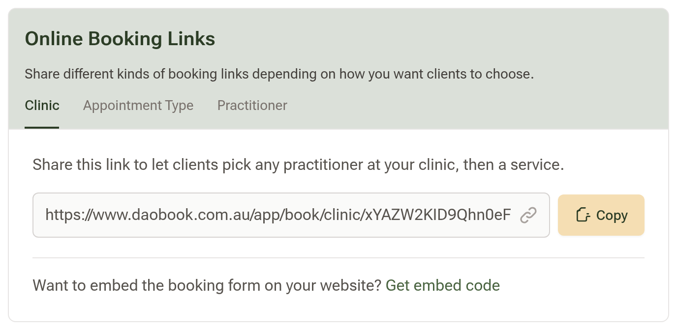 The Online Booking Links card on its Clinic tab, with Appointment Type and Practitioner tabs beside it, the clinic's booking link, a Copy button and the Get embed code link