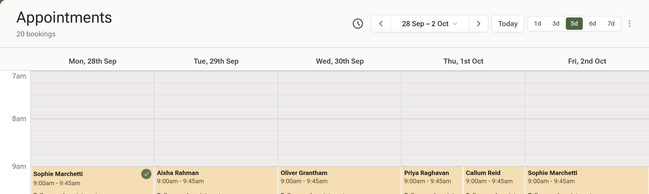 The calendar in the 5-day view: the Appointments title with the booking count beneath it, the date range with Previous, Next and Today, and the 1d, 3d, 5d, 6d and 7d buttons, above the top of the week's grid