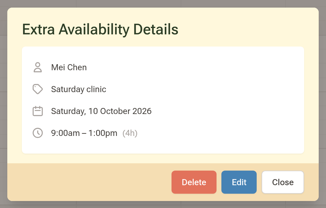 The Extra Availability Details window for Saturday clinic, showing its date and hours, with Close, Edit and Delete buttons