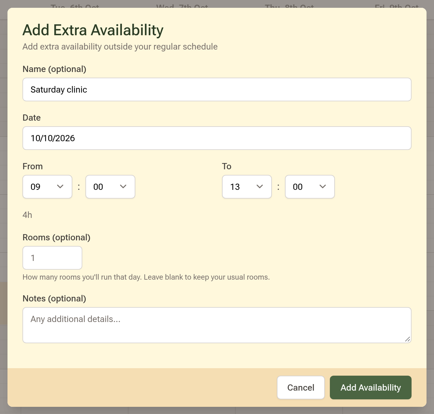 The Add Extra Availability window: Name reads Saturday clinic, a Saturday date, 09:00 to 13:00, Rooms and Notes blank, with the Add Availability button
