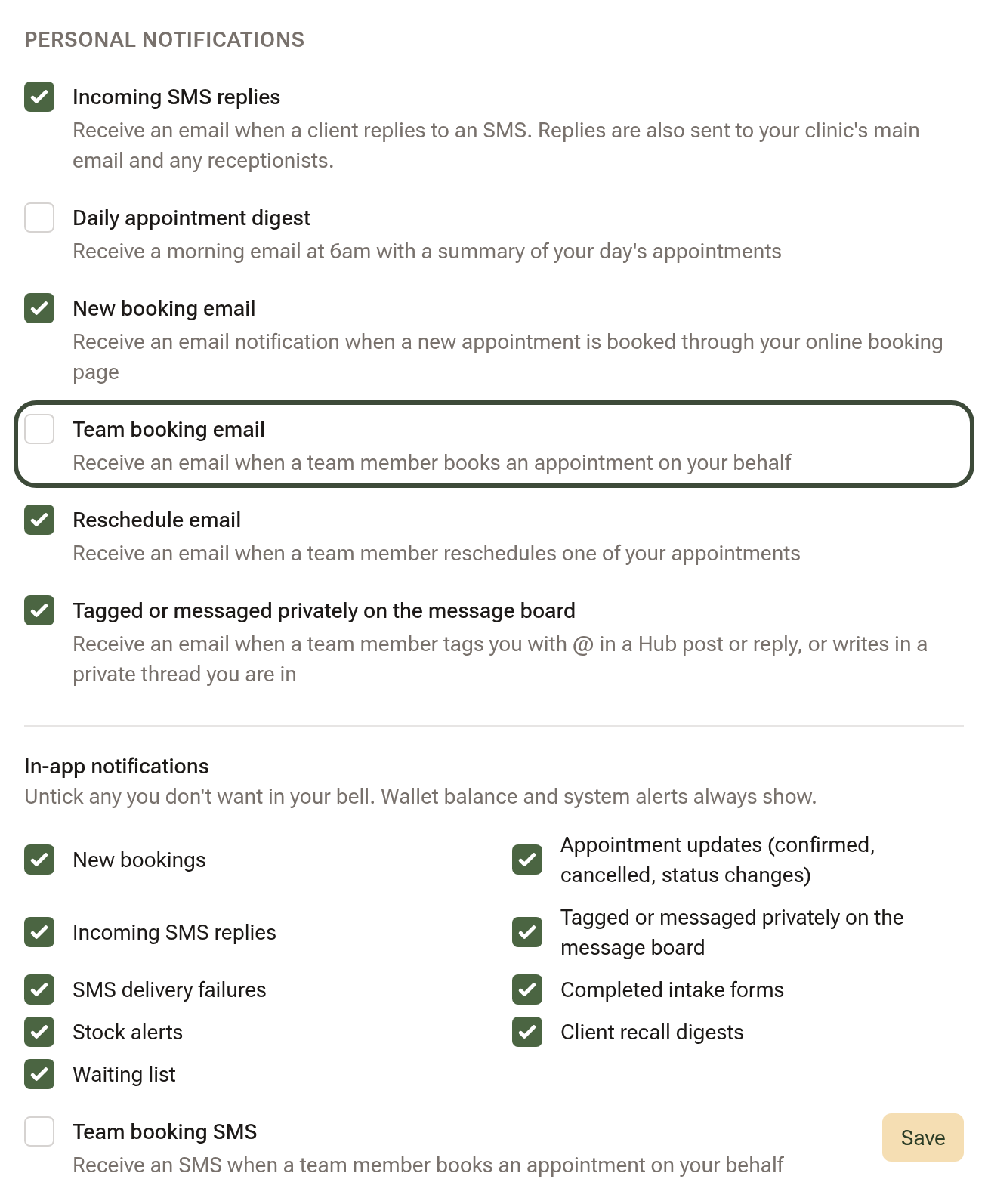 The Notification Settings card with the Team booking email row ringed in green, beneath New booking email and above Reschedule email