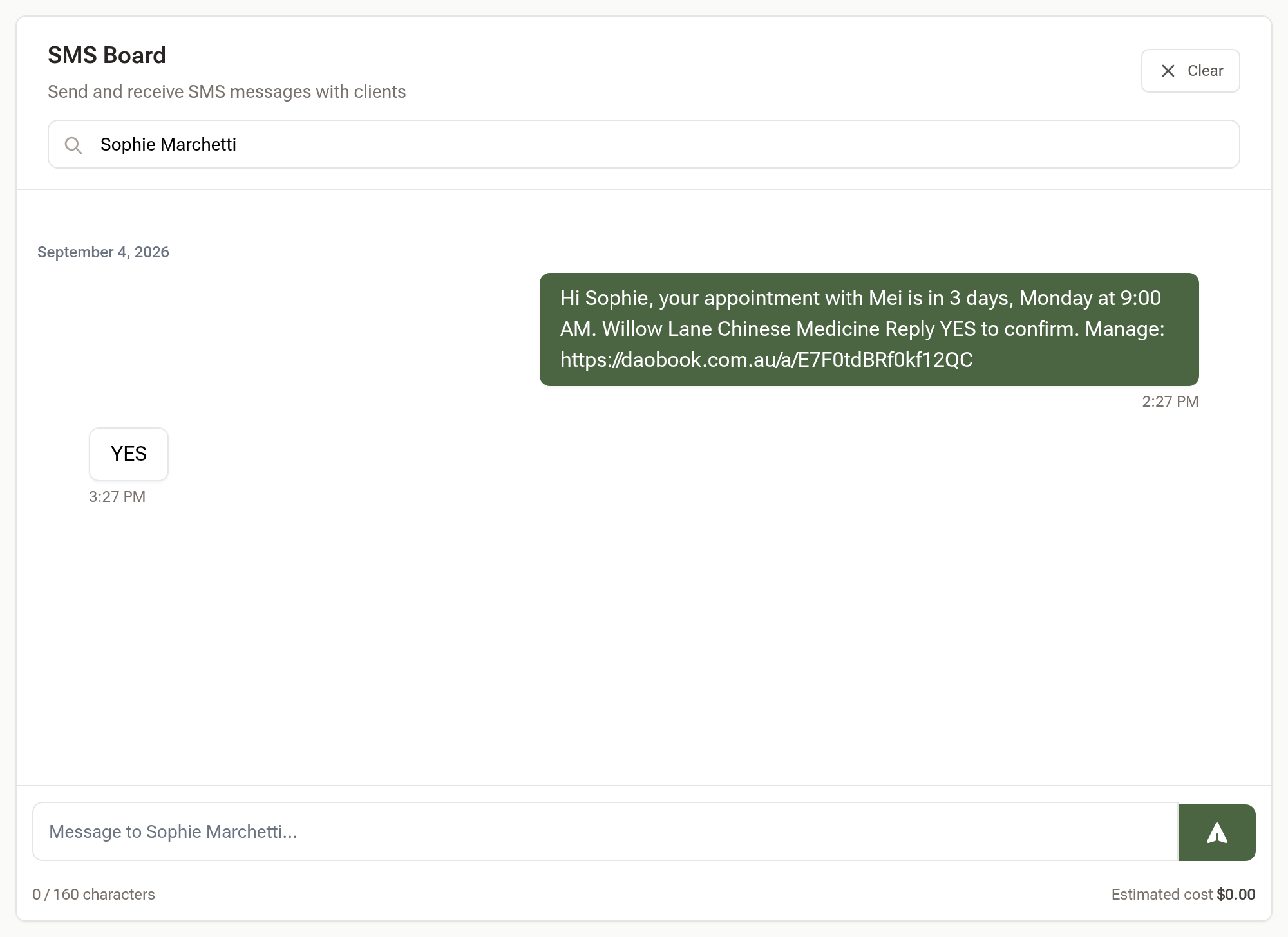 The SMS Board on the Hub's SMS tab, with a client searched and their conversation open above the compose box