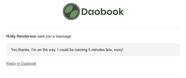 The incoming SMS notification email showing the client's name, the message they sent, and a Reply in Daobook link