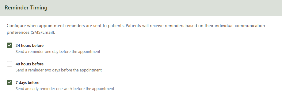 The Reminder Timing panel in Client Communications with three checkboxes — 24 hours before, 48 hours before, and 7 days before the appointment — each with a short description