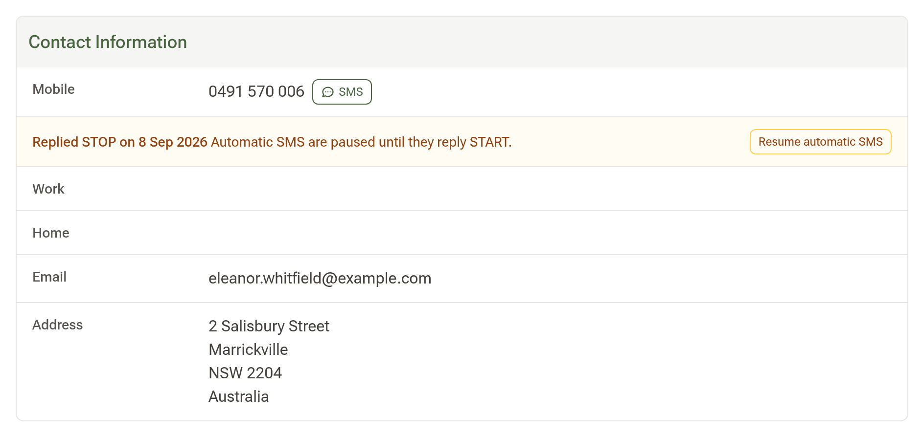 The Contact Information card of a client profile with an amber line under the mobile number reading Replied STOP on 8 Sep 2026, Automatic SMS are paused until they reply START, and a Resume automatic SMS button beside it