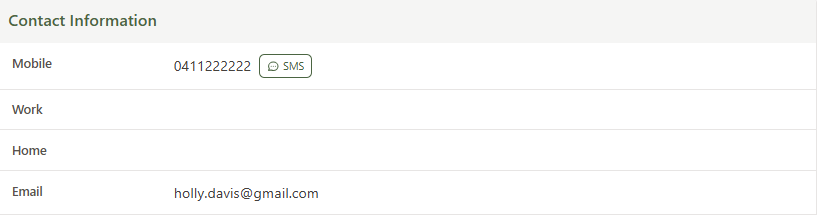 The Contact Information section of a client profile, with an SMS button next to the mobile number field
