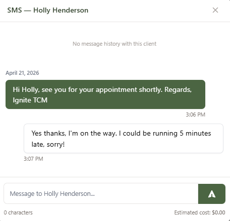 The SMS modal showing a conversation with a client — outbound messages on the right, inbound on the left, with a compose box at the bottom showing a live character counter and estimated cost