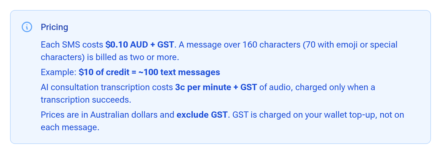The Pricing note on the wallet page: each SMS costs $0.10 AUD + GST, longer messages are billed as two or more, $10 of credit is about 100 text messages, and GST is charged on the top-up rather than per message