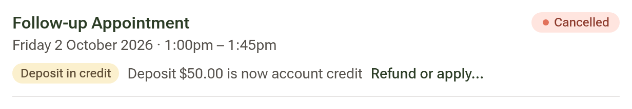 The appointment details showing Deposit in credit with a Refund or apply link