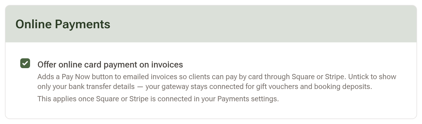 The Online Payments card in Invoice Configuration with Offer online card payment on invoices ticked