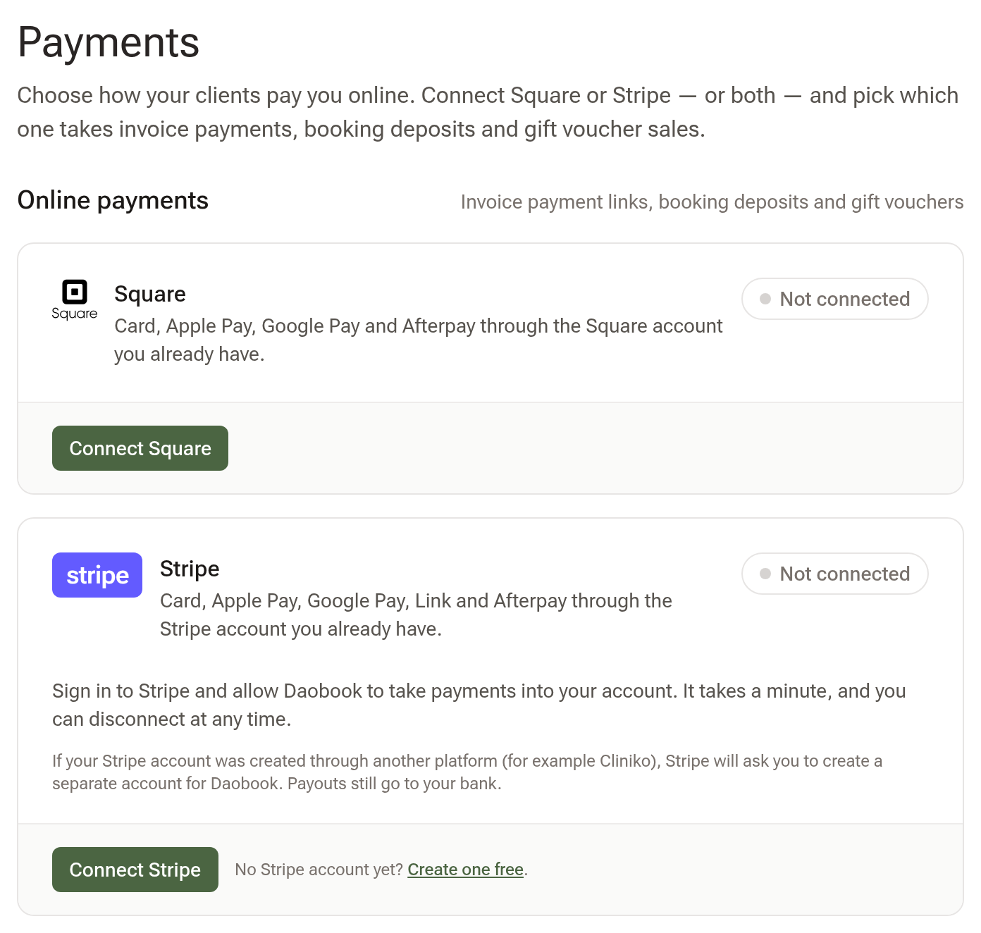 The Payments settings page with a Square card and a Stripe card, each offering a Connect button